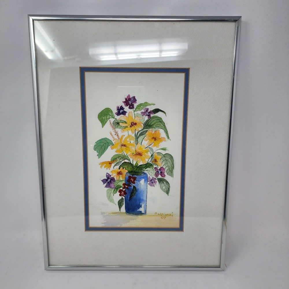 P. Lipinski 07 Blue Vase Multicolor Floral Watercolor Painting Signed And Framed